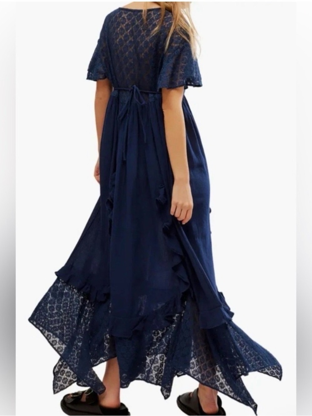Free People Flowy Romance Navy Lace Maxi Dress Whympsy Ethereal Cottagecore SZ M - Picture 3 of 10